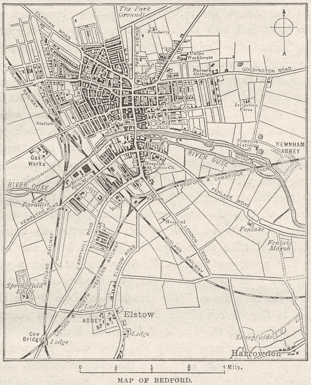 BEDS. Bedford, sketch map 1898 old antique vintage plan chart